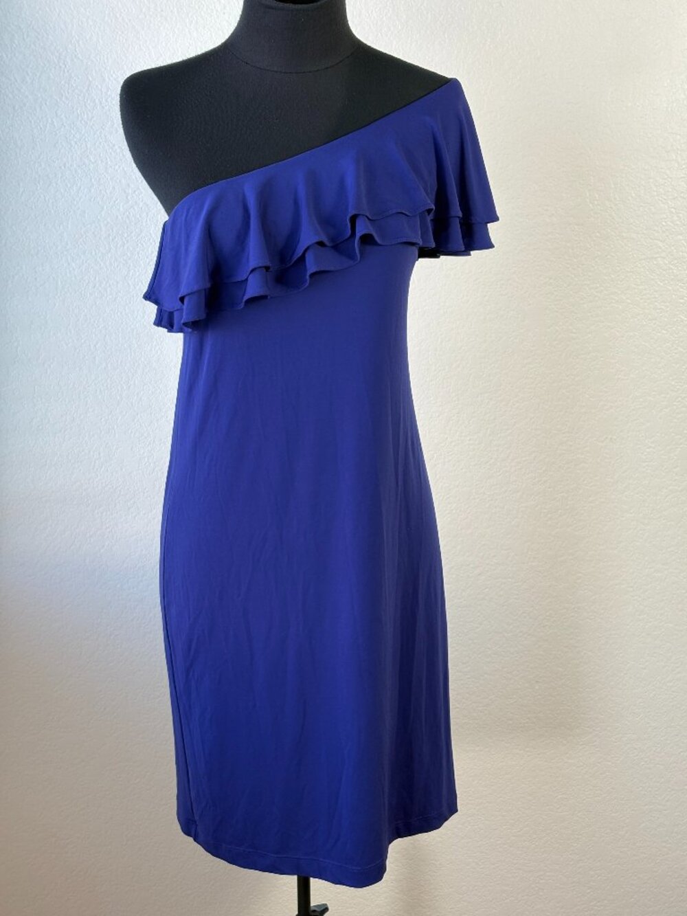 Donna Morgan One Shoulder Ruffle Cocktail Dress Blue Sz 4 Stretch Wedding Guest